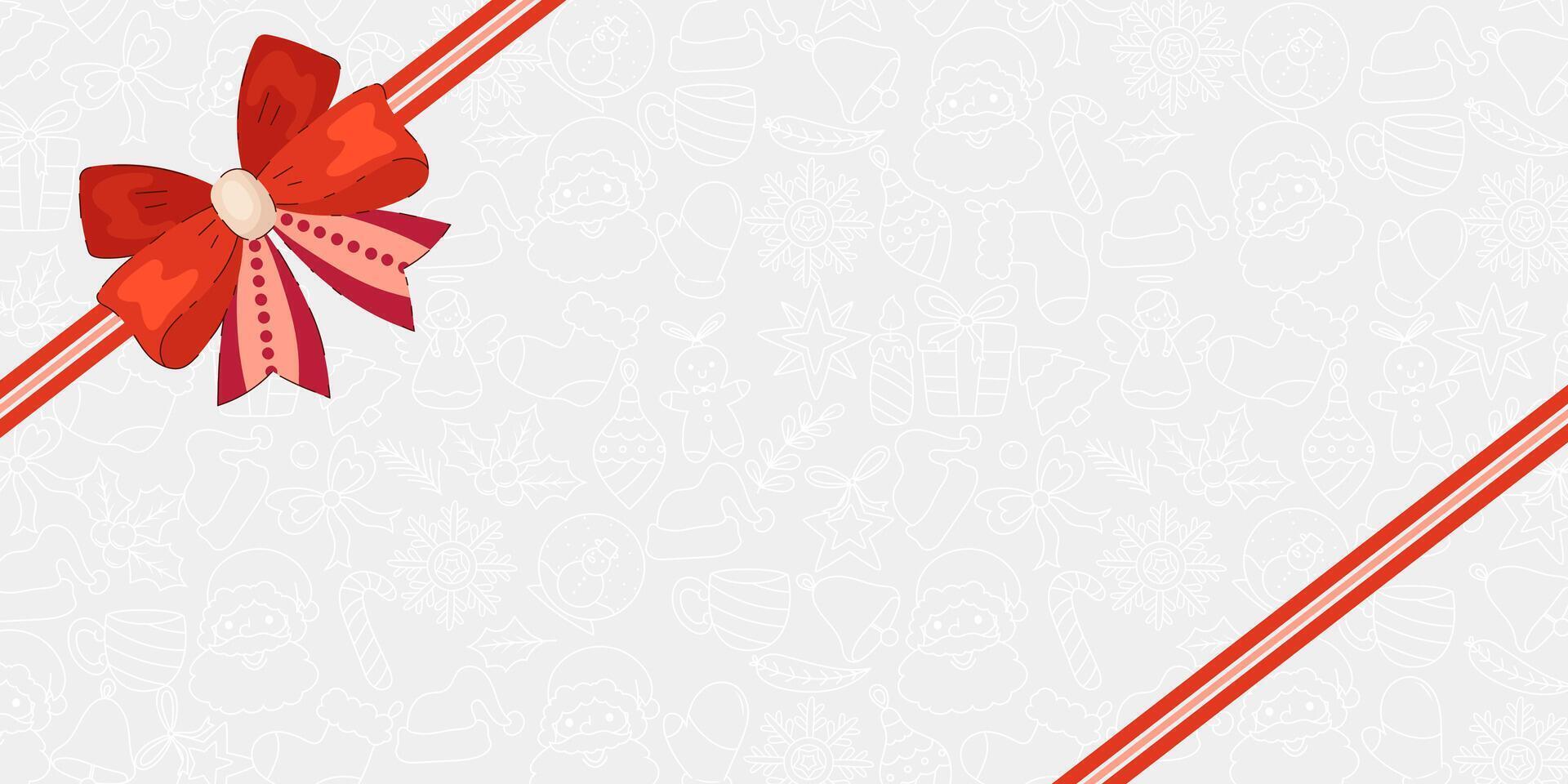 Christmas Background with Red Bow and Holiday Icons. Perfect for holiday greeting cards, gift wrapping, and seasonal design projects vector