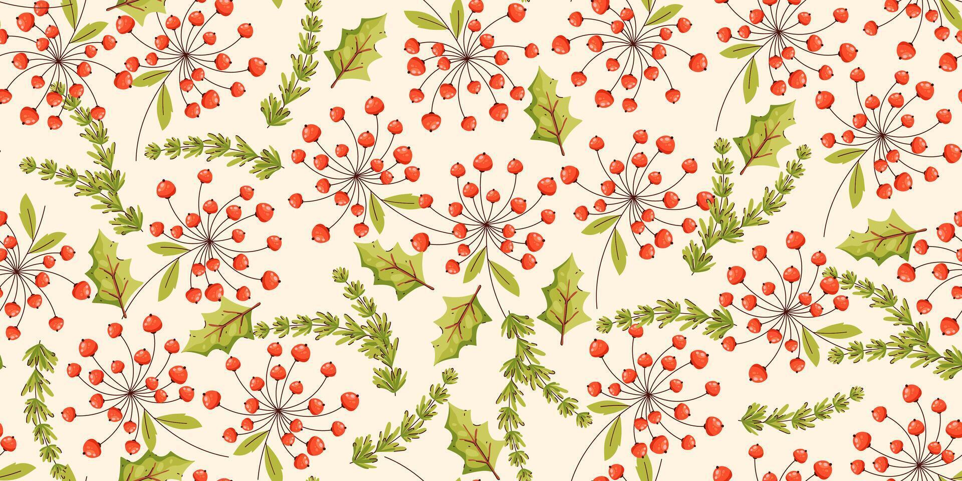Christmas Seamless Pattern with Holly Leaves and Red Berries. Repeatable design for Seasonal holidays. vector