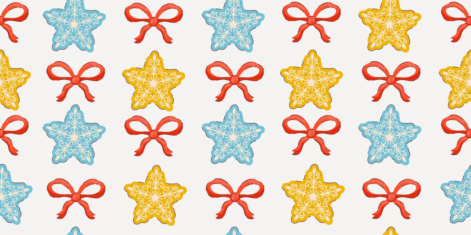 Christmas Seamless Pattern with Ornamental Stars and Red Bows. Decorative holiday design with yellow and blue star motifs with classic red ribbons. vector