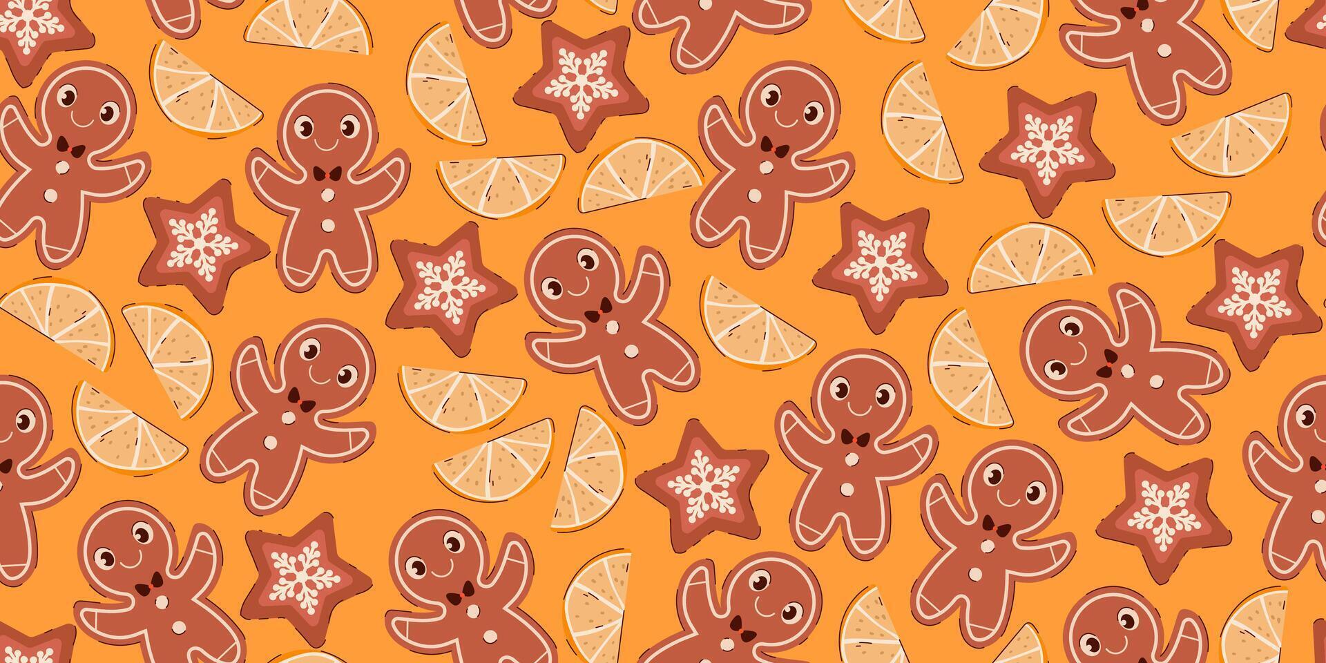Gingerbread and Orange Slice Christmas Seamless Pattern. Cheerful holiday design with gingerbread men, star cookies, and citrus slices vector