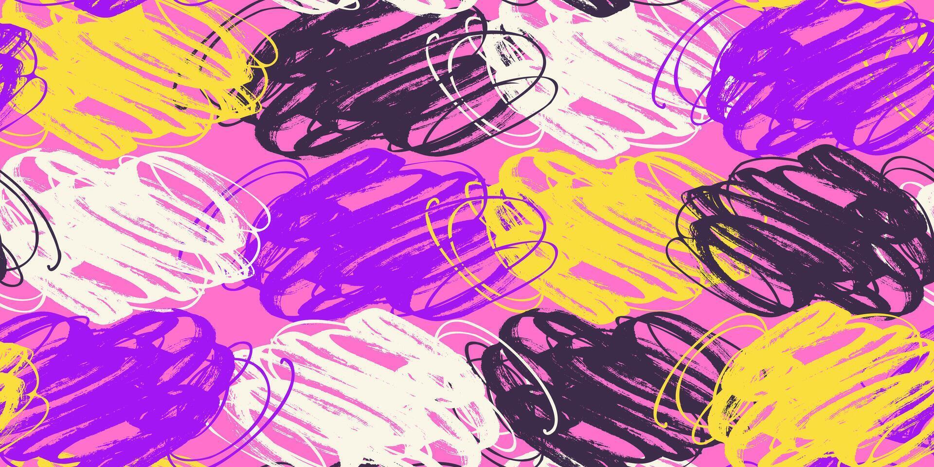 Seamless Pattern of Bold Grunge Marker Lines in Yellow, Purple, Black, and White on a Pink Background vector