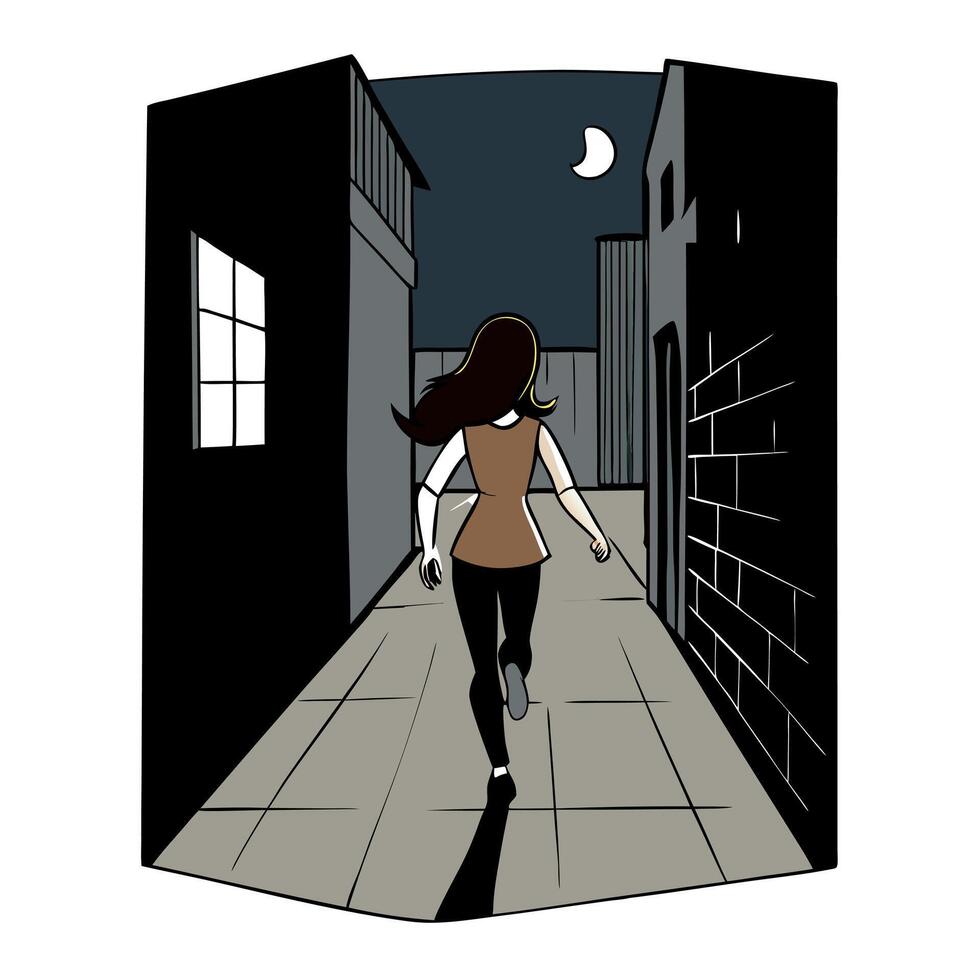 A woman walking down an alleyway at night vector