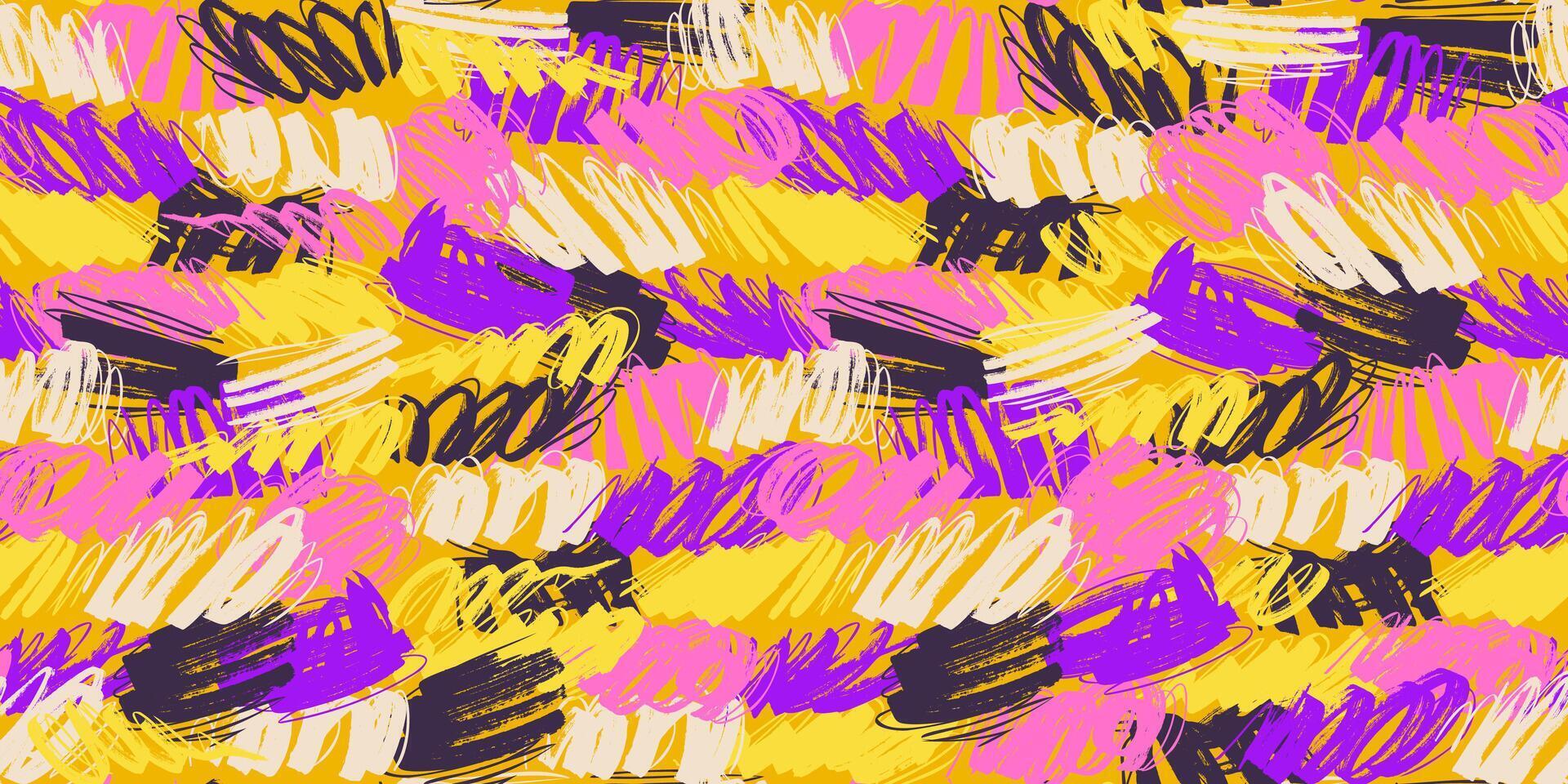 Seamless Pattern of Bold Grunge Marker Lines in Vibrant Colors on a Yellow Background vector