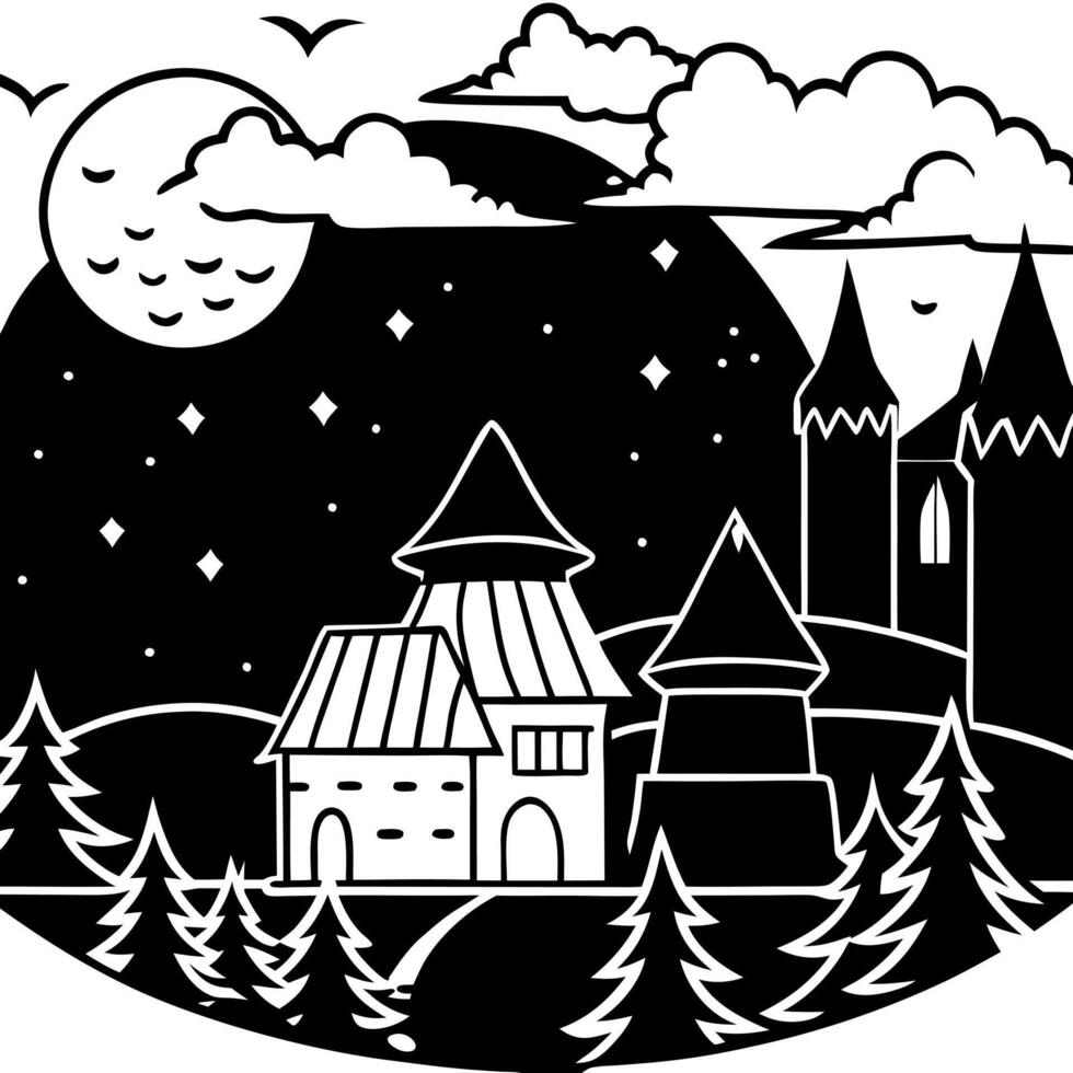 A black and white drawing of a castle and trees vector