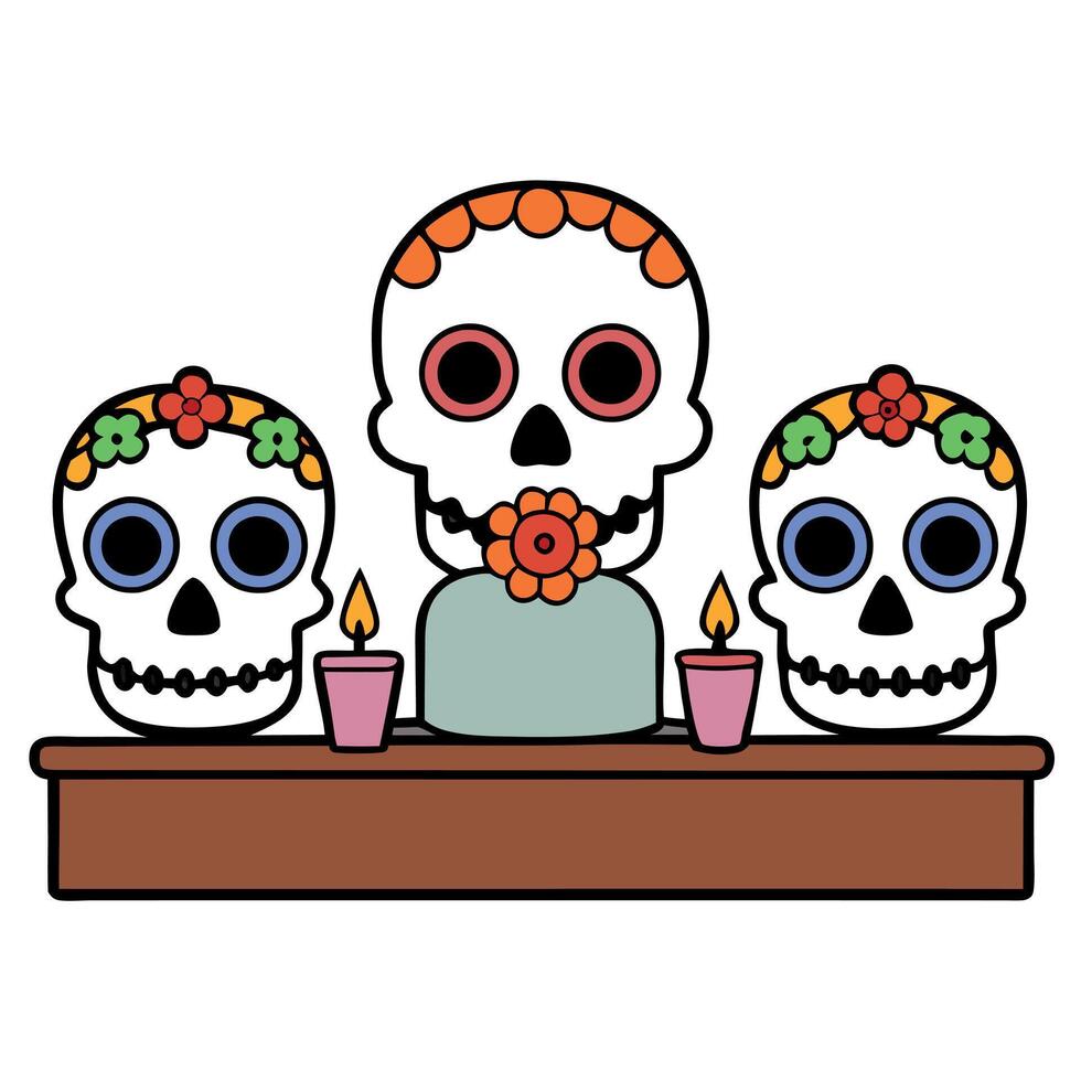 Three sugar skulls sitting at a table with candles vector
