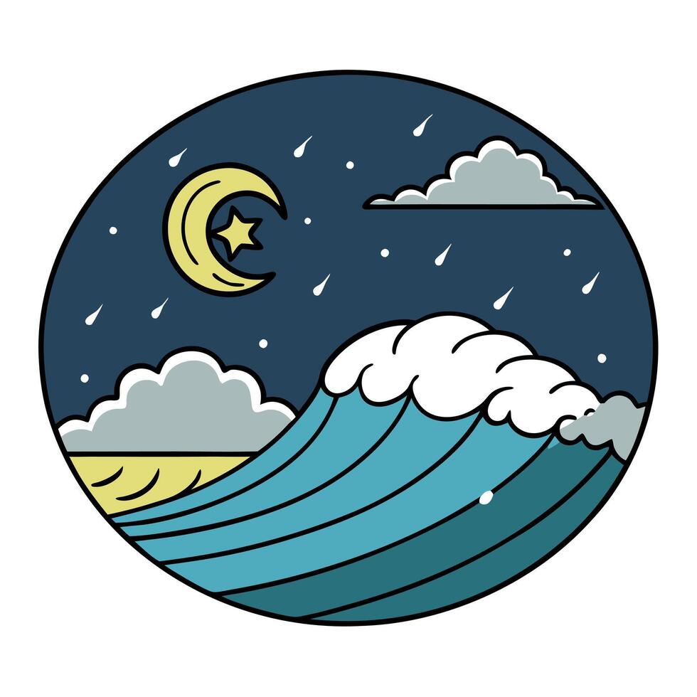 A night sky with a wave and a moon vector