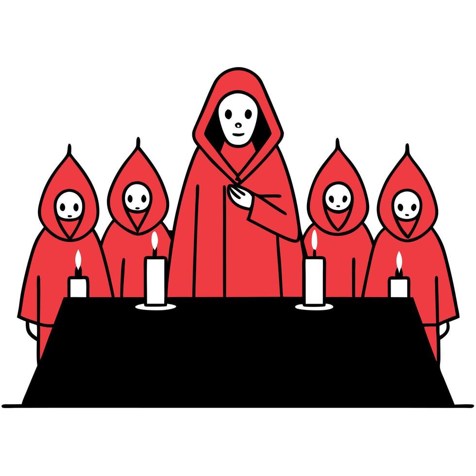 A red hooded person standing in front of a table with candles vector