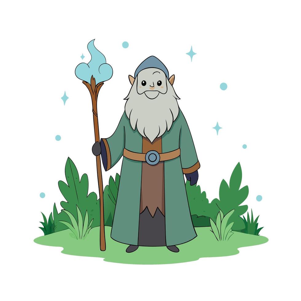 A cartoon wizard with a staff and a blue wand vector