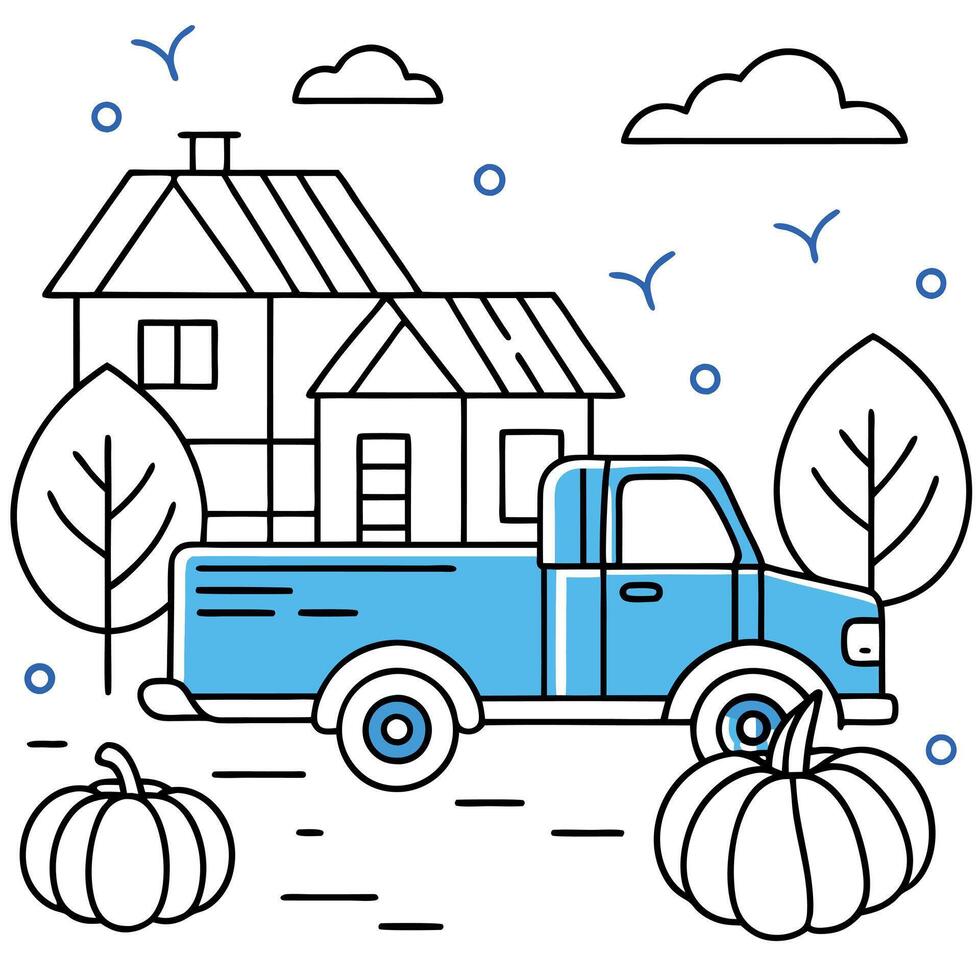 A truck with pumpkins and a house on it vector