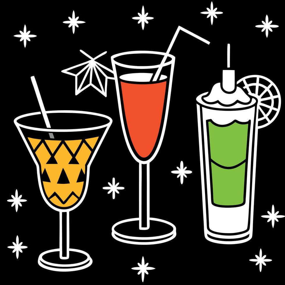 A black background with three different drinks vector