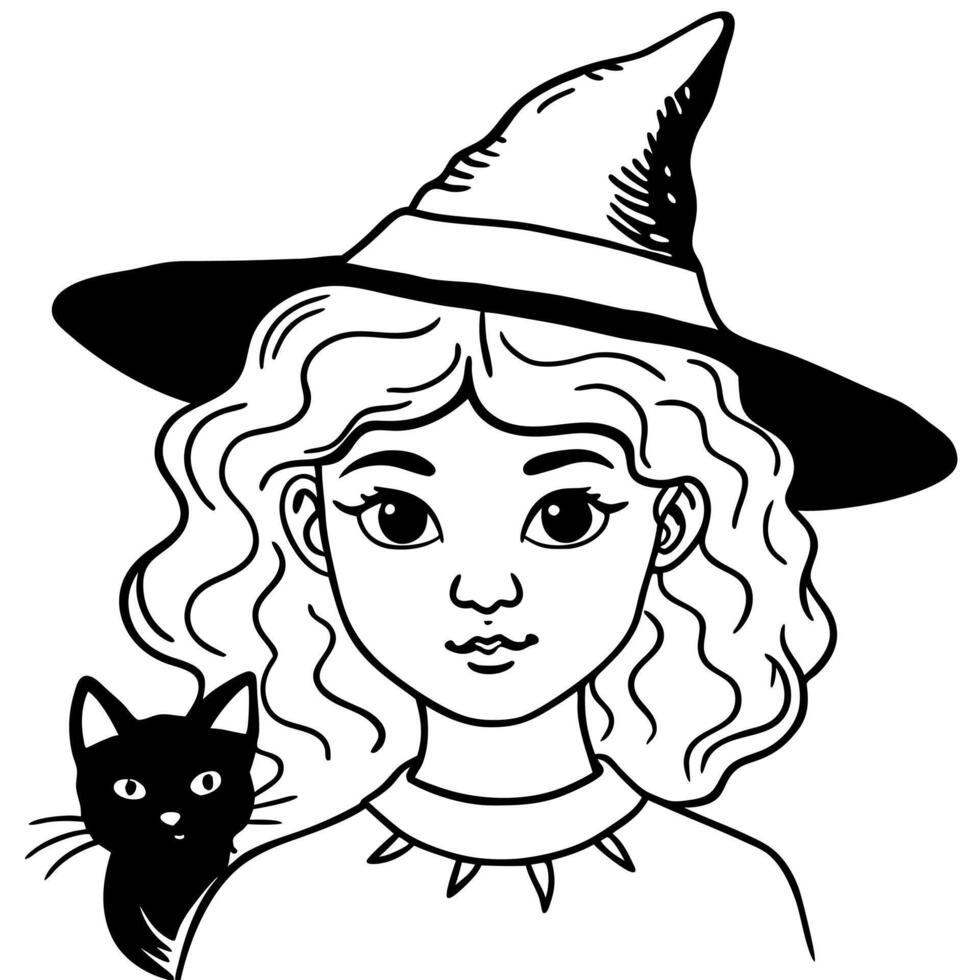 A girl in a witch hat and black cat vector