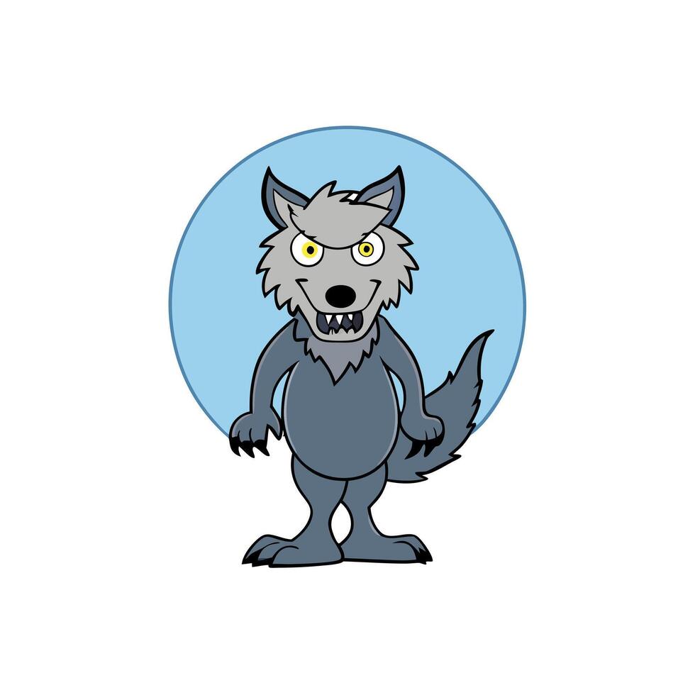 A cartoon wolf standing in front of a blue circle vector