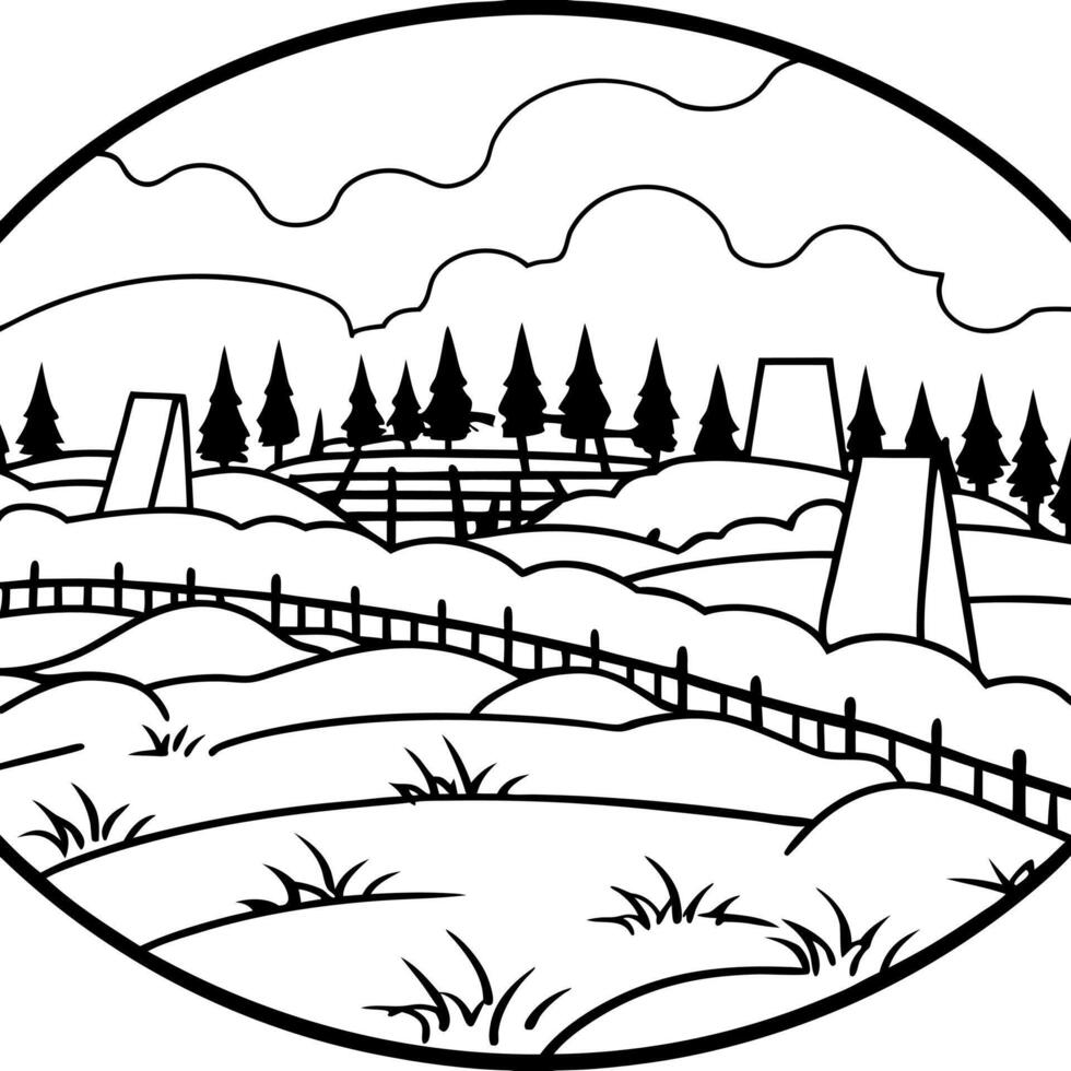 A black and white drawing of a field with trees and a fence vector