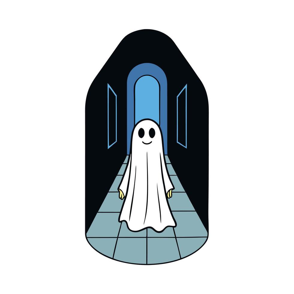 A ghost in a white robe standing in front of a door vector