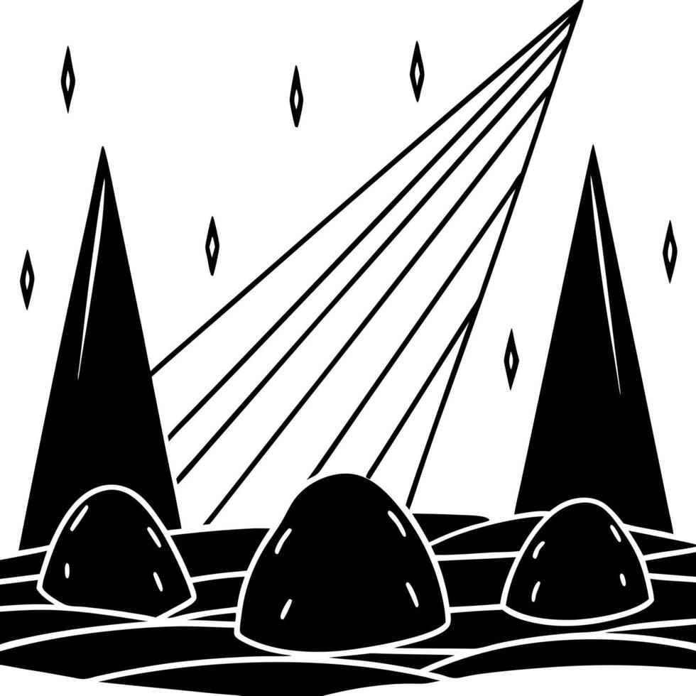 A black and white drawing of a mountain with a sun shining vector