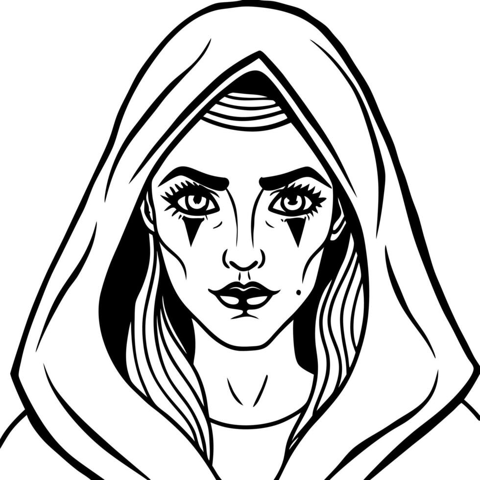 A woman with a hood on her face coloring page vector