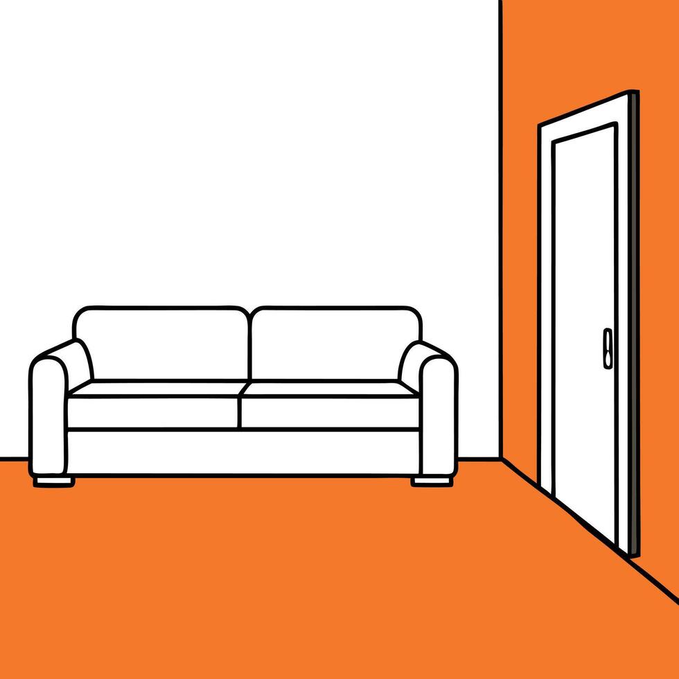An orange room with a couch and a door vector