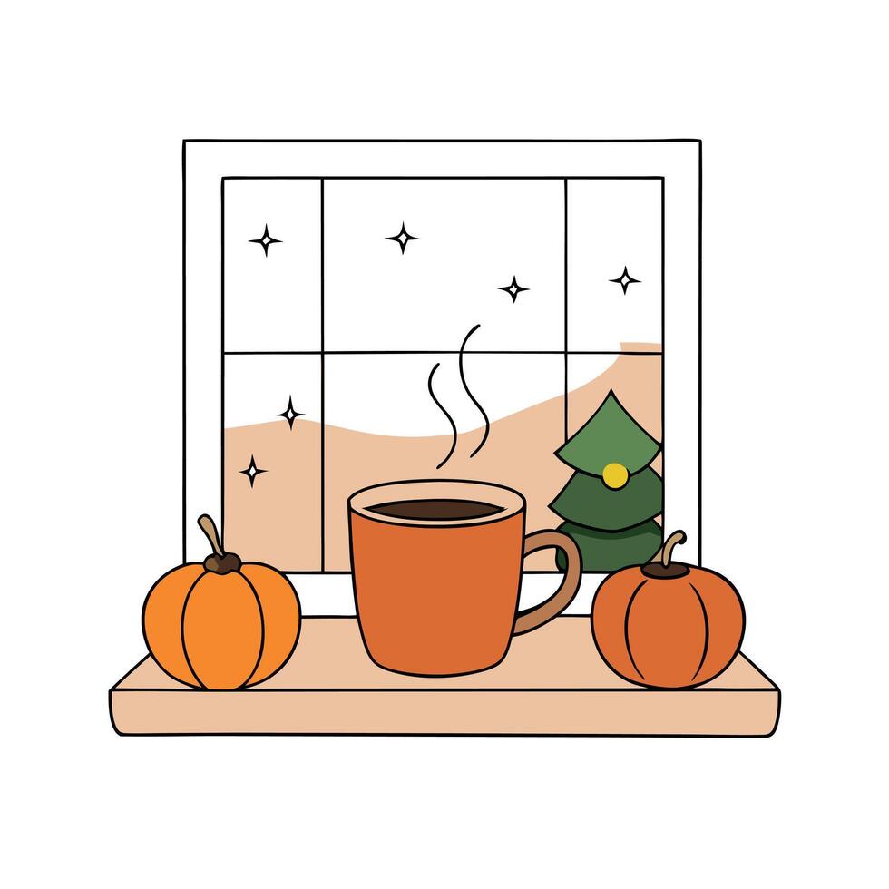 A coffee cup and pumpkins on a window sill vector