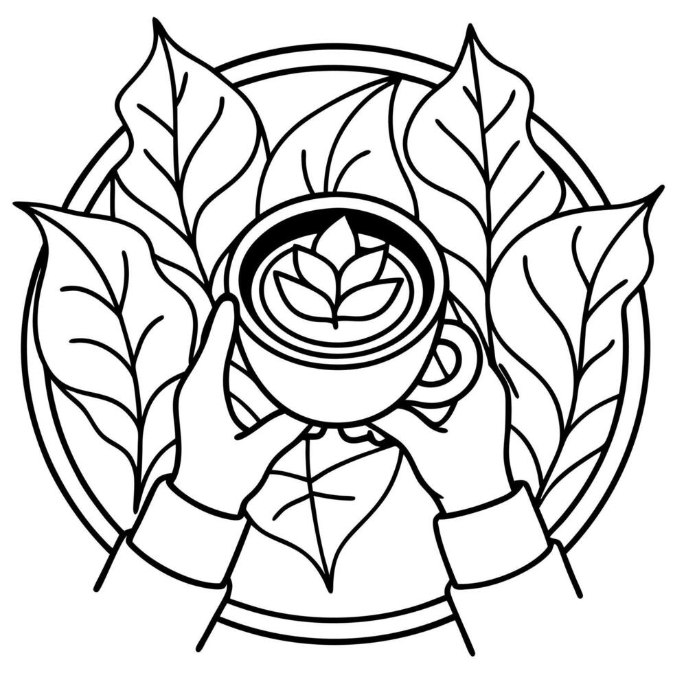 A hand holding a cup of coffee with leaves in the background vector