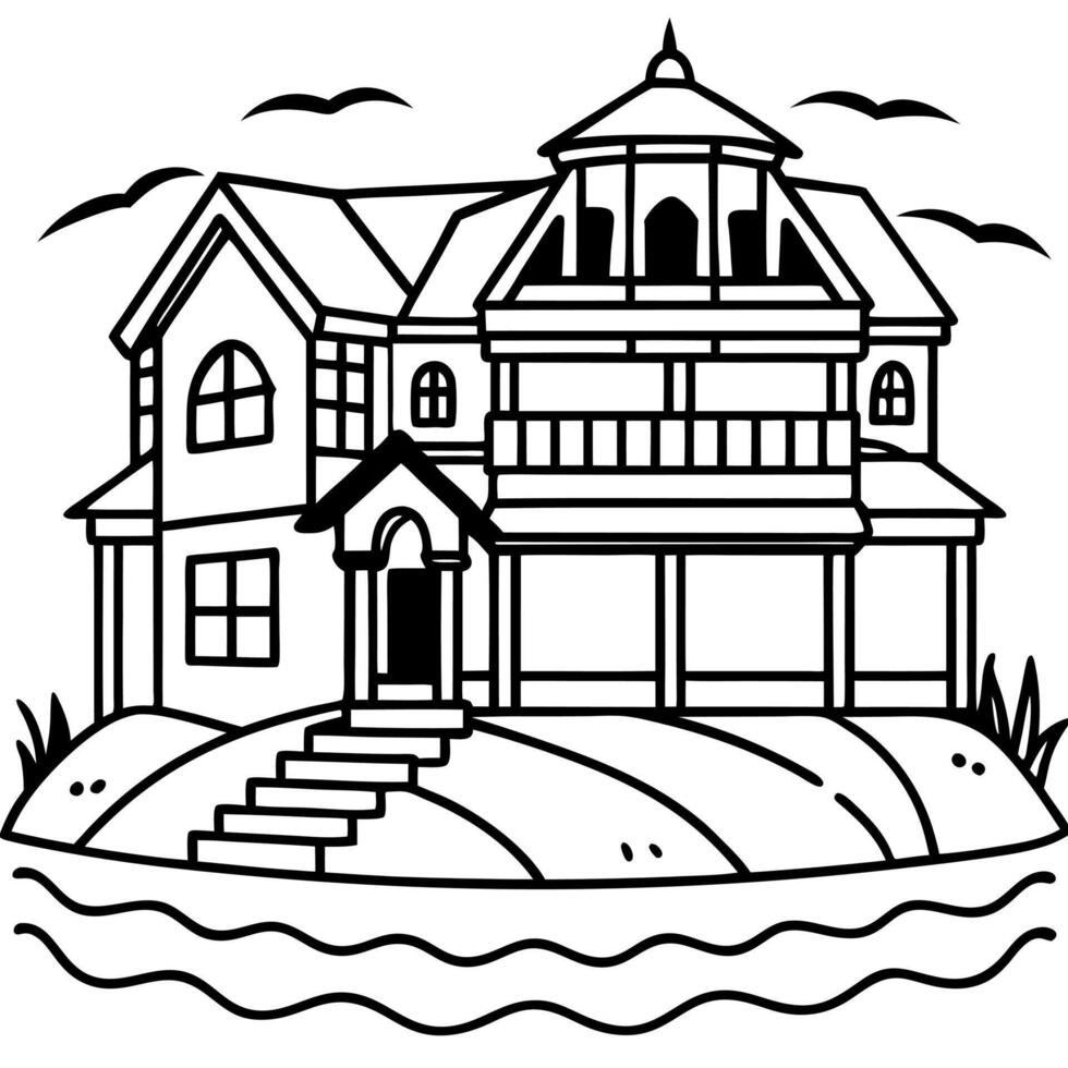 A house on the island coloring page vector