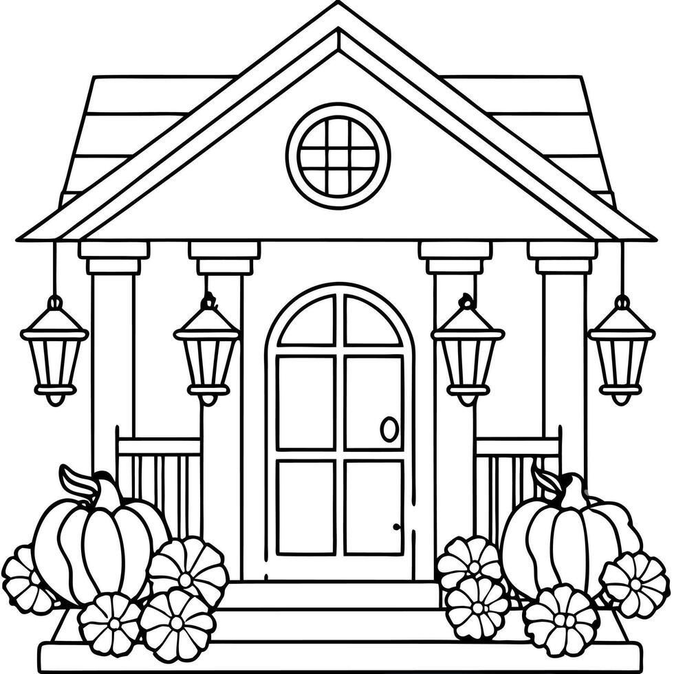 A house with pumpkins and flowers coloring page vector