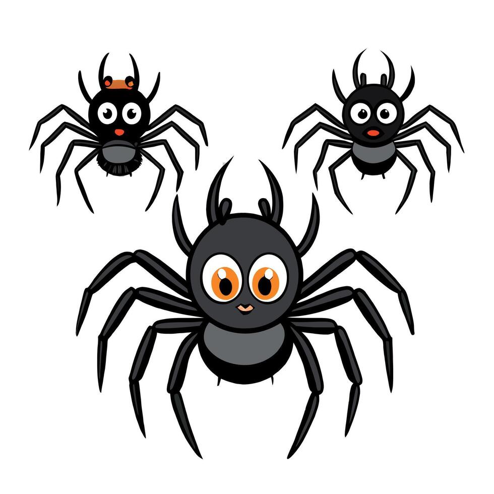 Three black spiders with eyes and faces vector