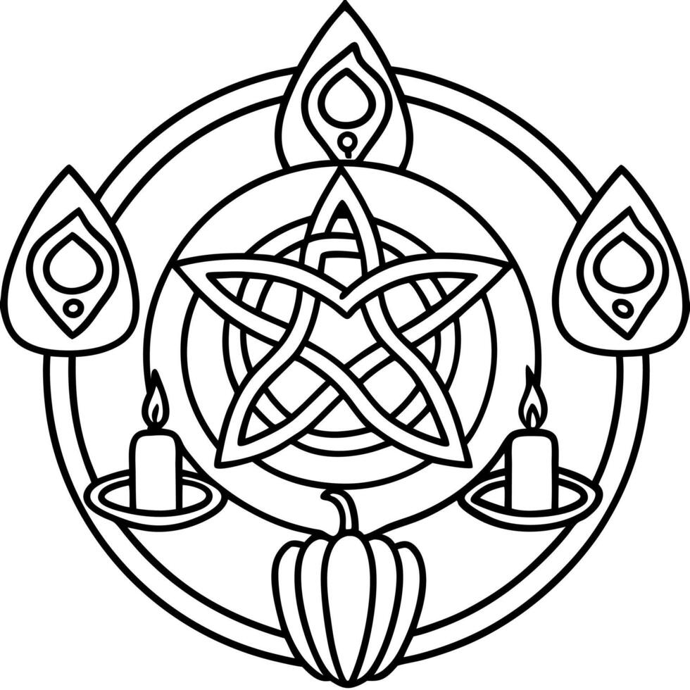 A celtic pentacle and candle in a circle coloring page vector