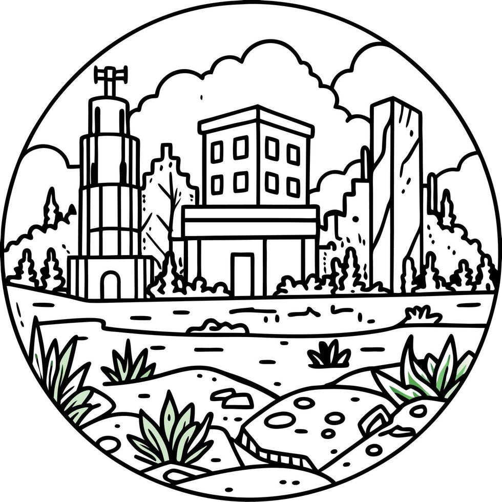A city in a circle with buildings and trees vector