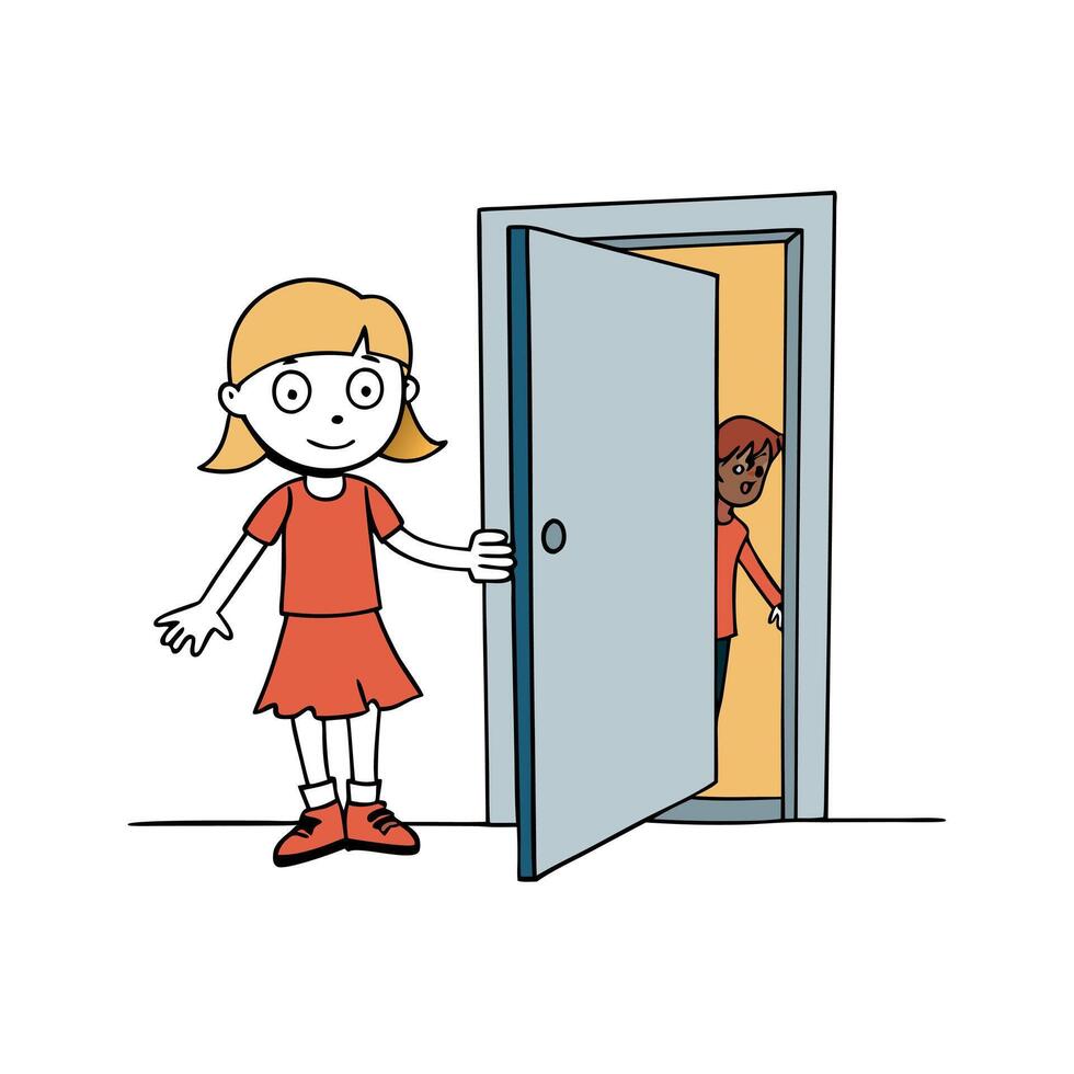 A cartoon girl is standing in front of an open door vector