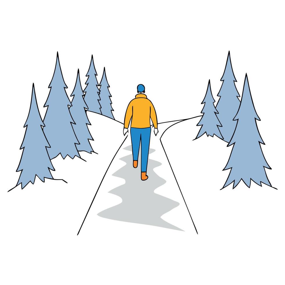 A man walking down a path in the woods vector