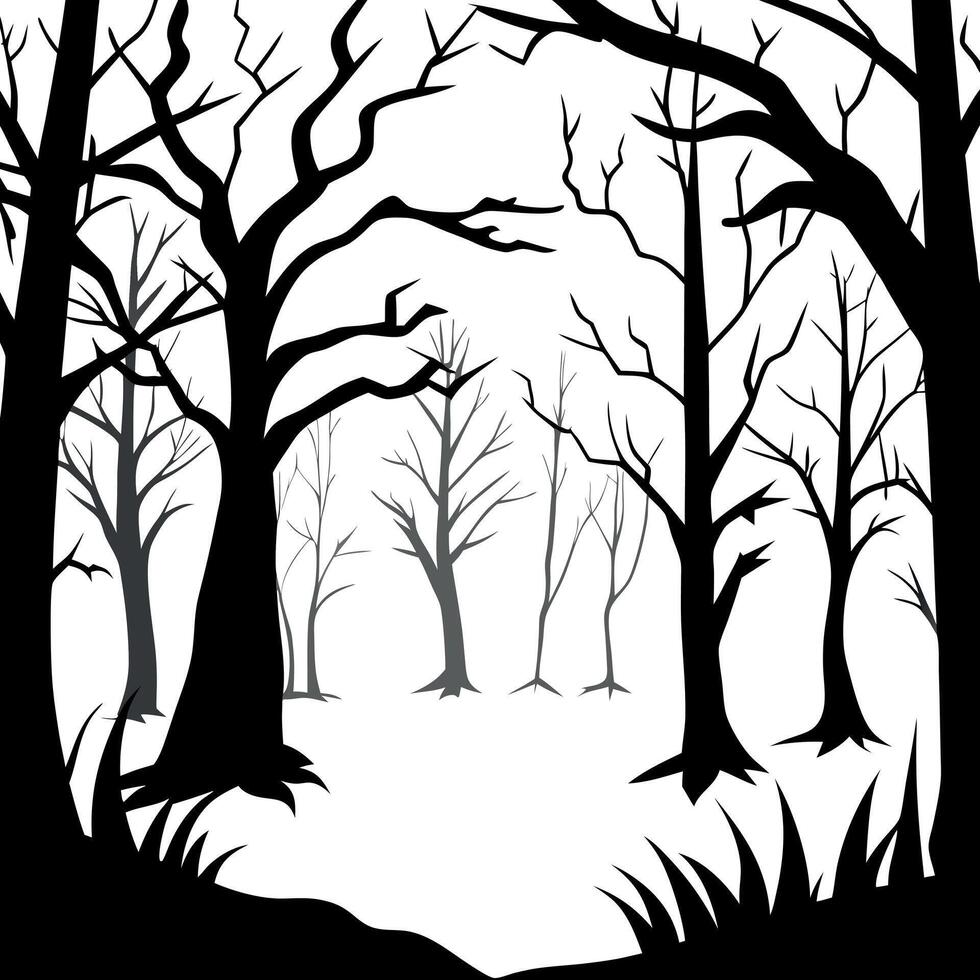 A black and white silhouette of a forest with trees vector