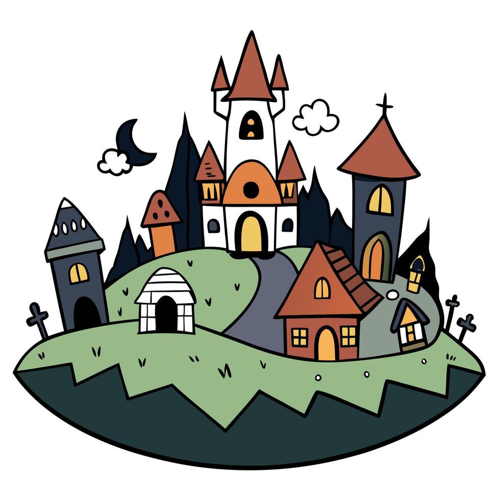 A cartoon village with houses and a castle vector