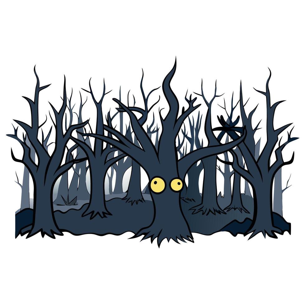 A cartoon illustration of a scary forest with trees and a creepy face vector