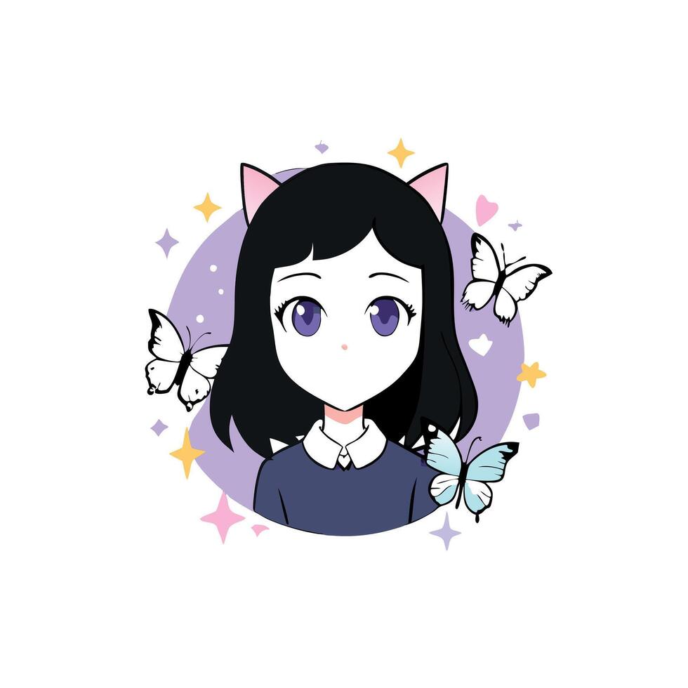Anime girl with butterfly wings and a cat face vector