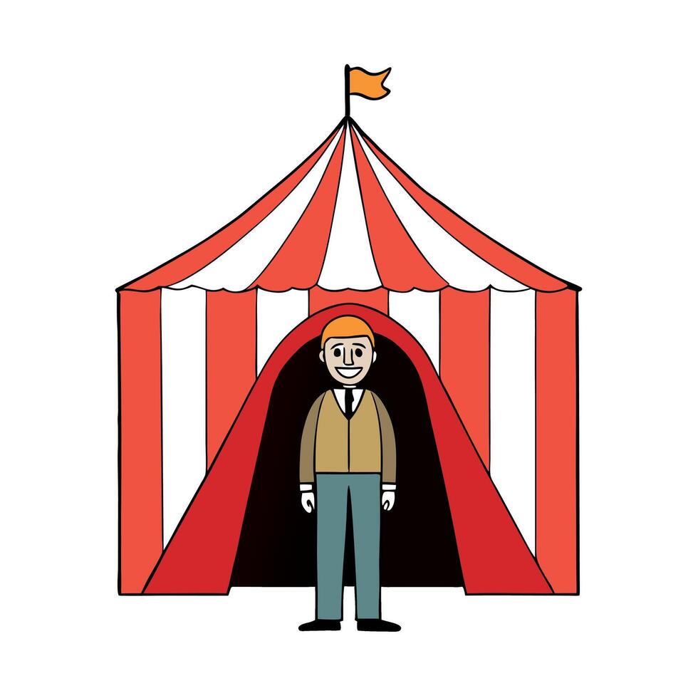 A cartoon man standing in front of a circus tent vector