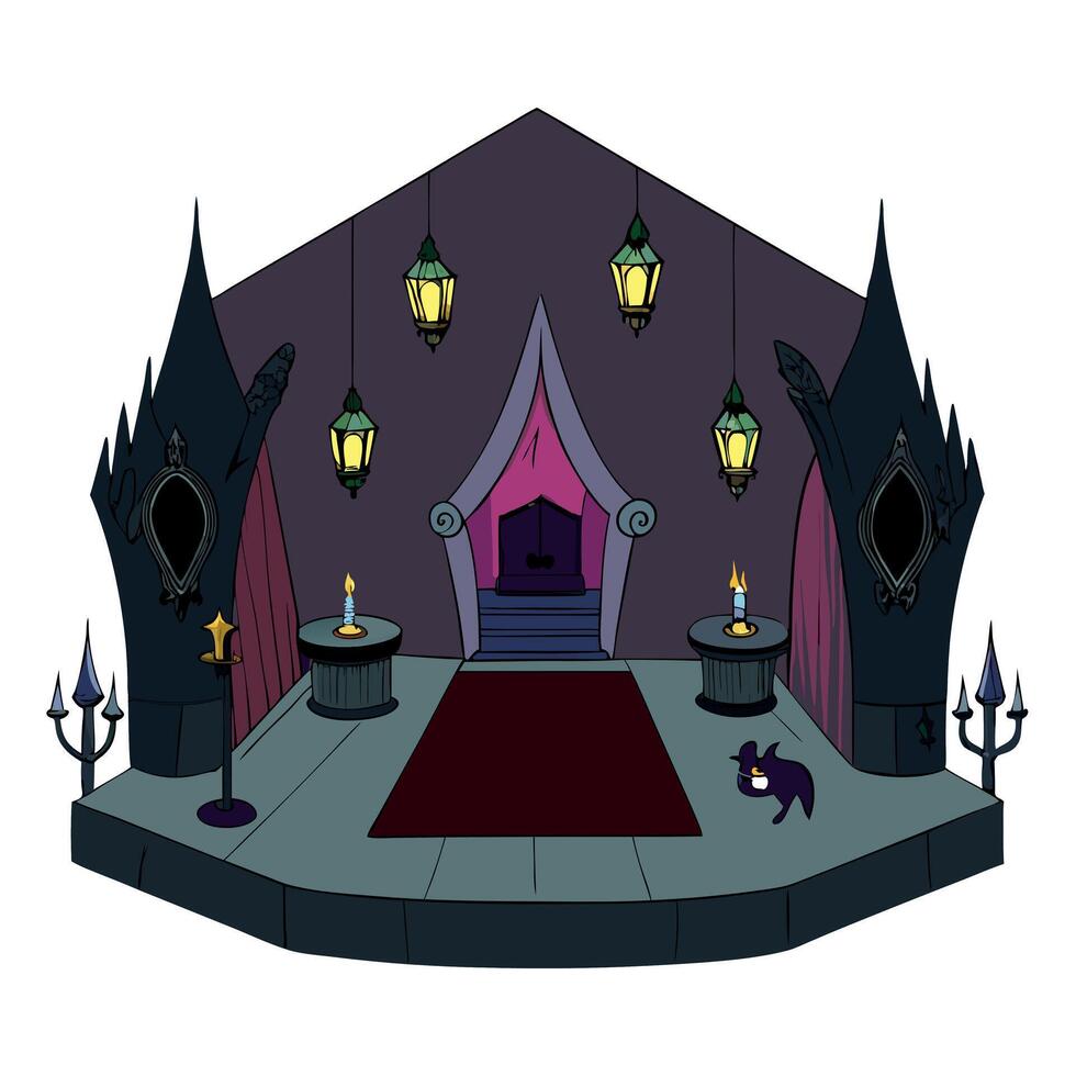 A cartoon scene of a dark room with a cat and a throne vector