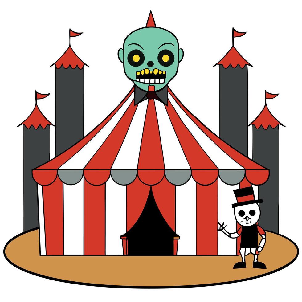 A cartoon circus tent with a skeleton and a skull vector