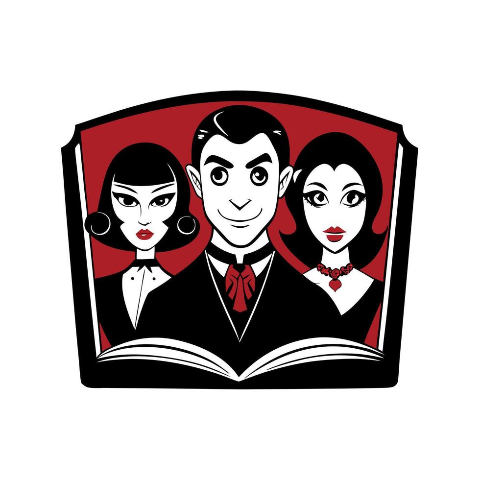 A cartoon of three people in a book vector
