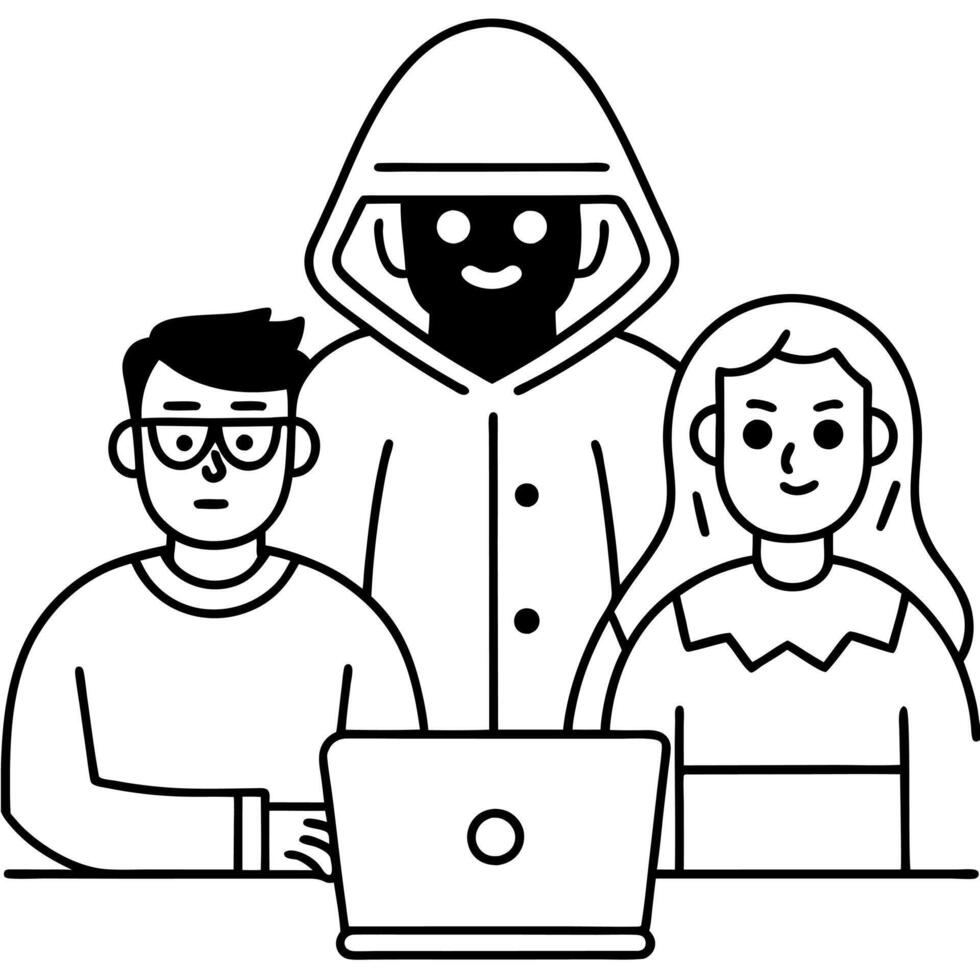 A man and woman with a laptop and a hooded man vector