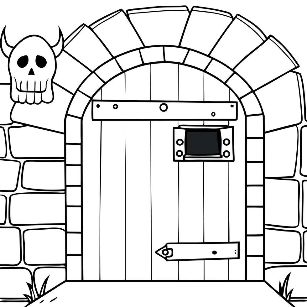 A cartoon door with a skull on it vector