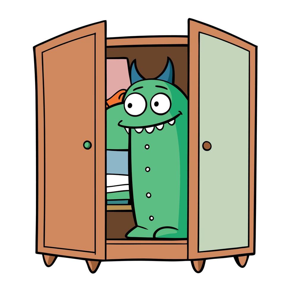 A cartoon monster in a closet with a closet door open vector