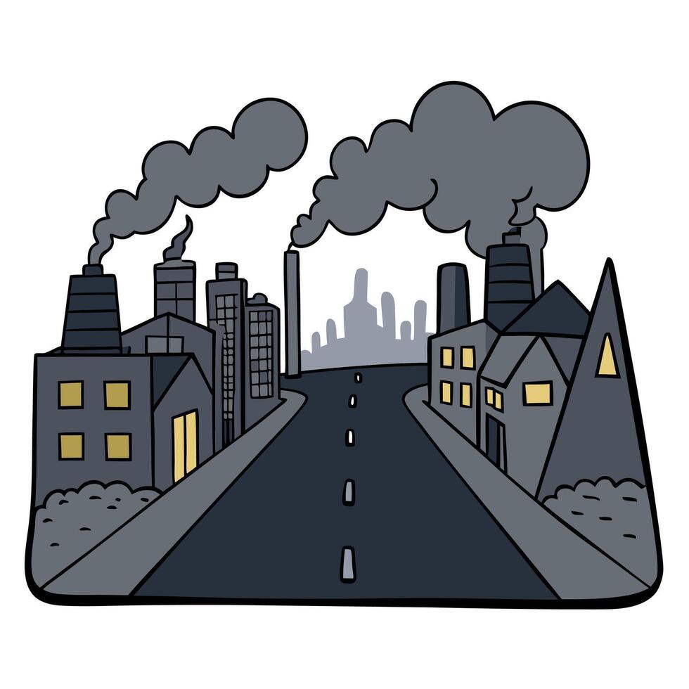 A cartoon city with smoke coming out of the chimneys vector
