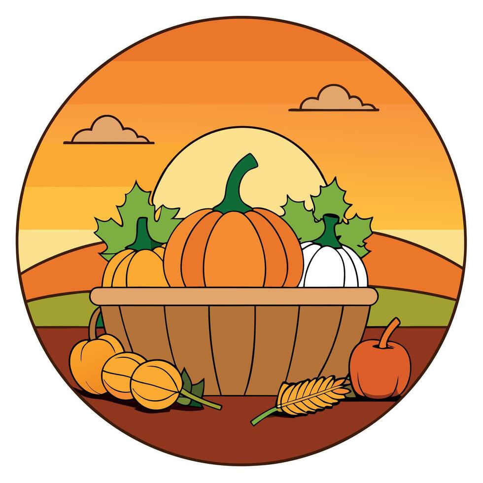 A basket full of pumpkins and other fall decorations vector