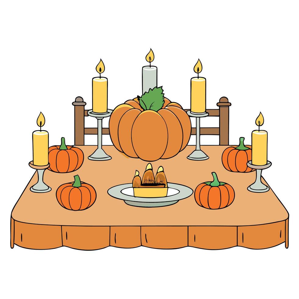 A table with candles and pumpkins on it vector