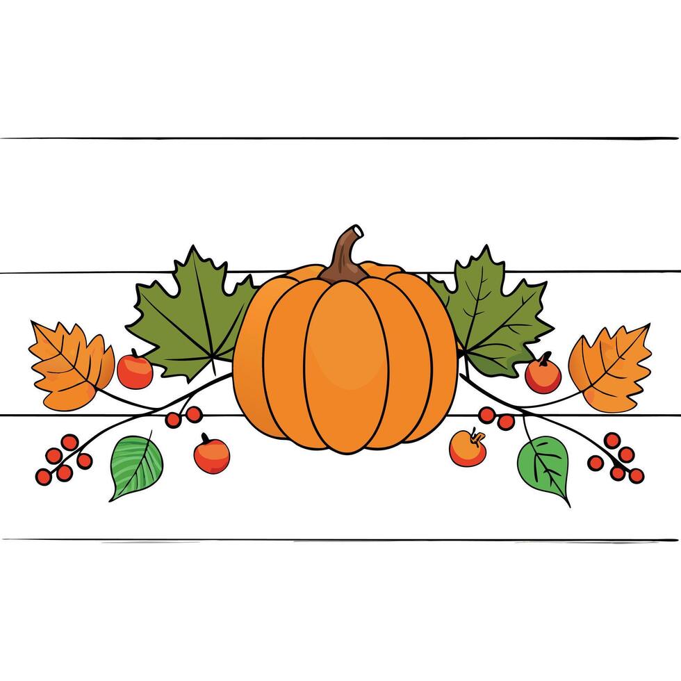 A pumpkin and leaves on a wooden background vector