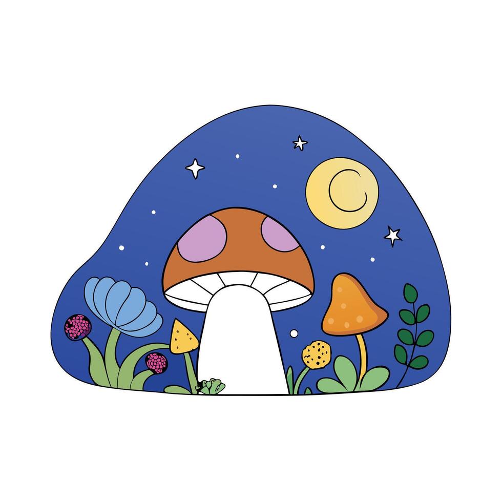 A cartoon mushroom and flowers in the night sky vector