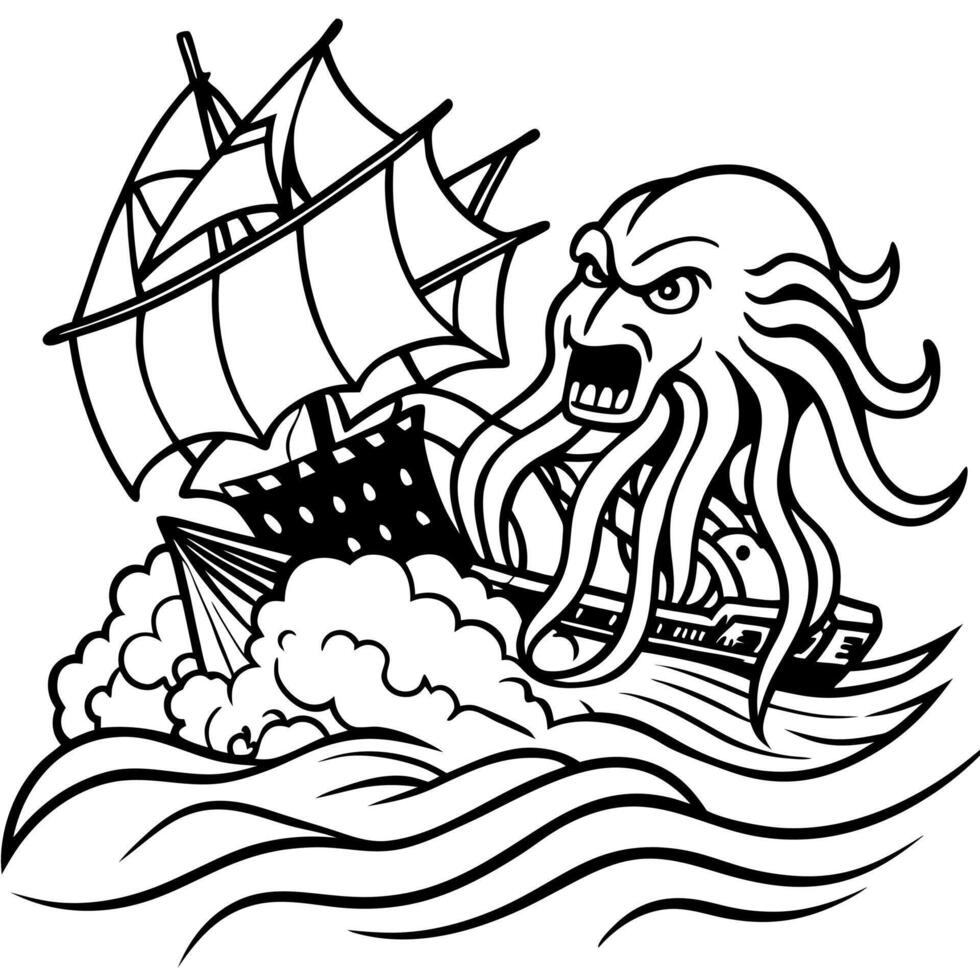 A cartoon octopus attacking a ship vector