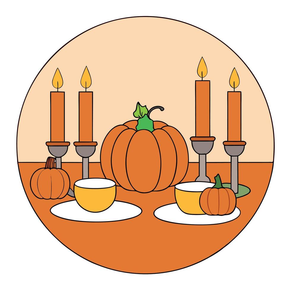 A round table with a pumpkin, candles and tea vector