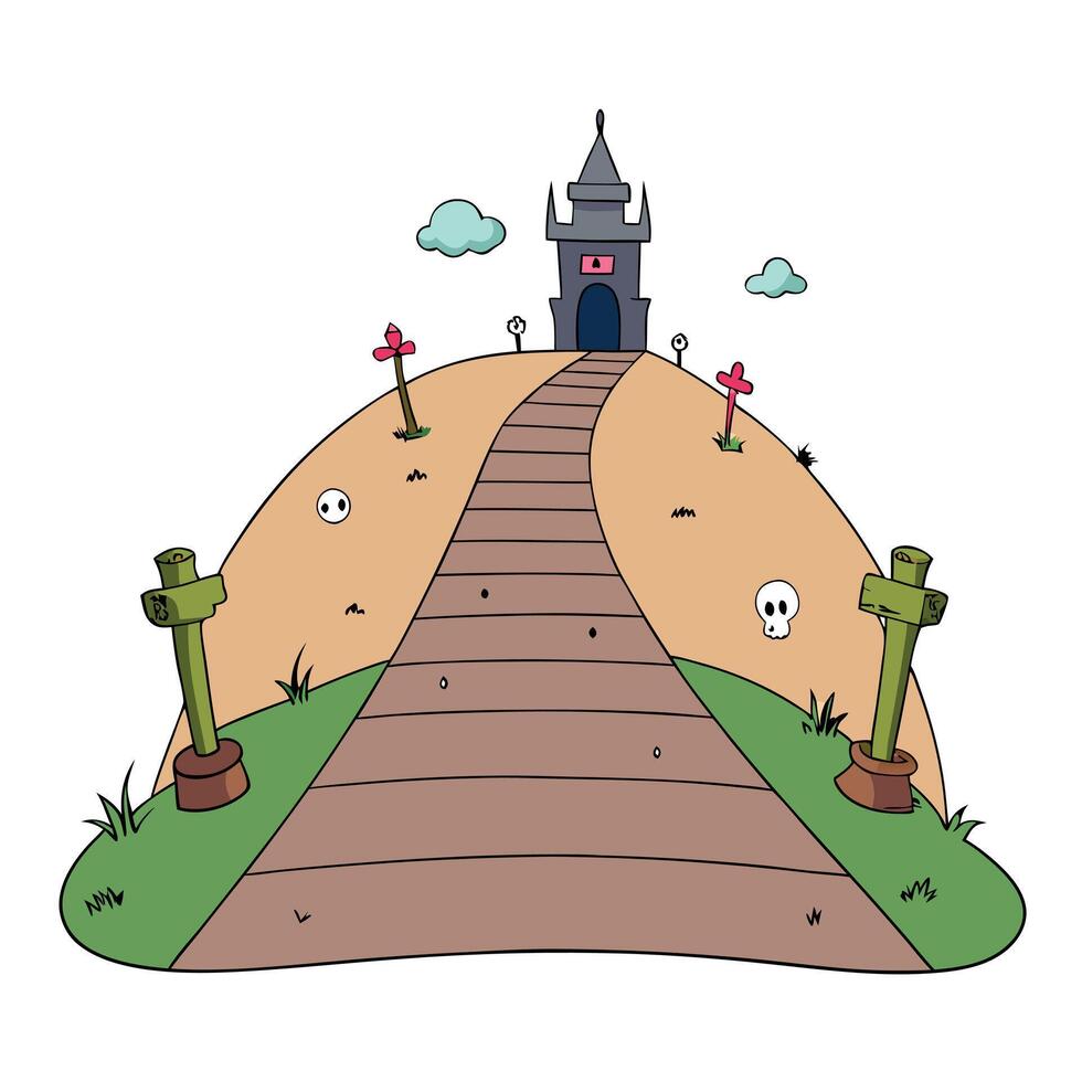 A cartoon graveyard with a path leading to a castle vector