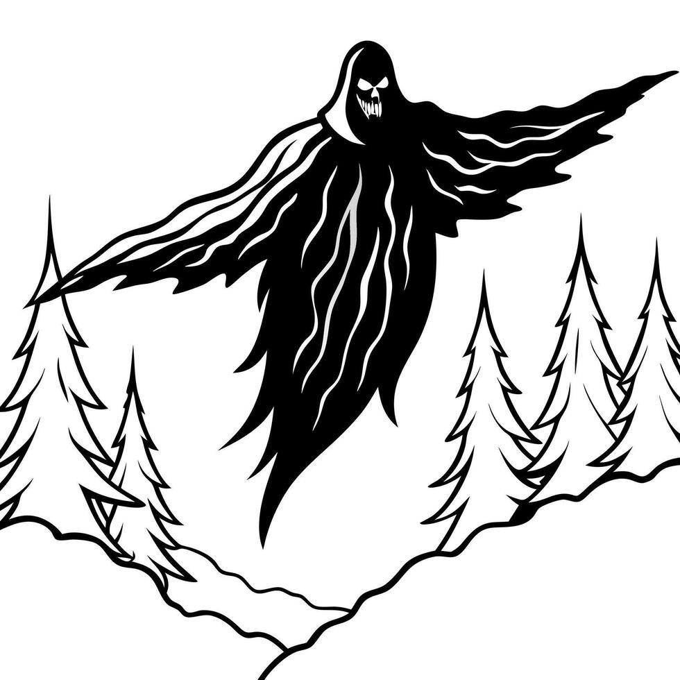 A black and white drawing of a ghost flying over a forest vector